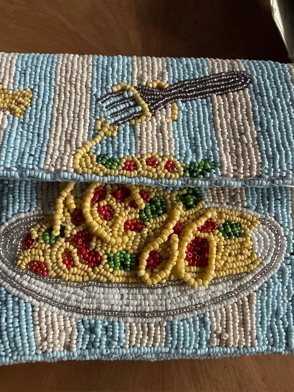 NWT Blue beaded purse with embroidered pasta and fork design #beaded #pasta